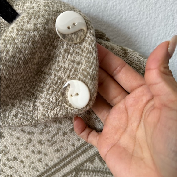 Boho Geometric Knit Poncho Sweater | Button Cowl Neck | Neutral Tan - Picture 7 of 11